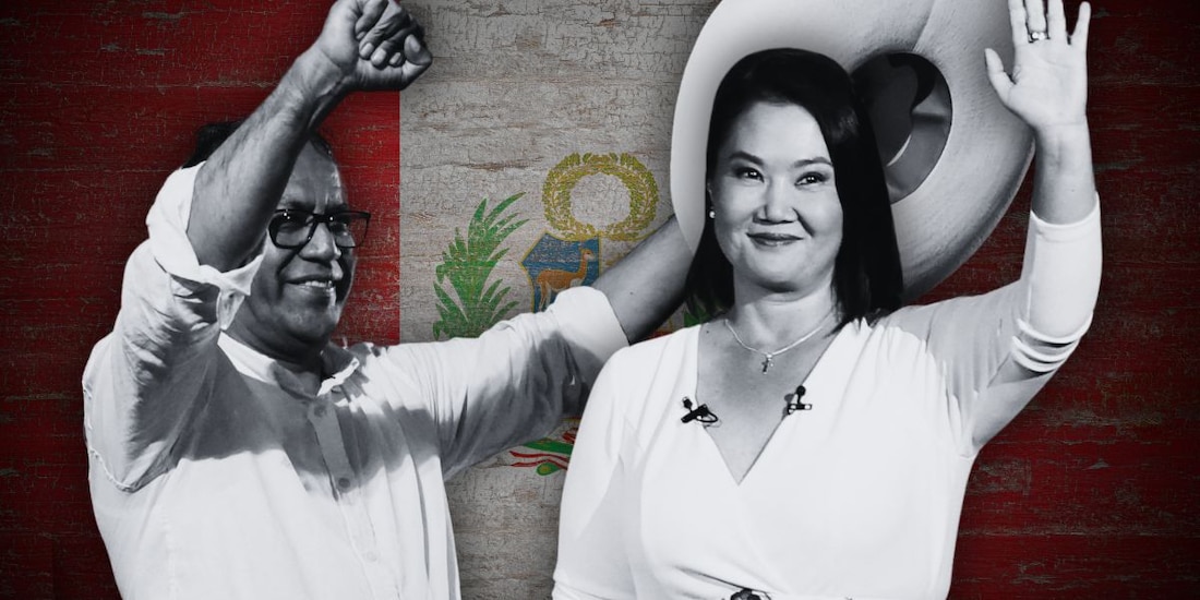 Peruanos votan en segunda vuelta de elecciones presidenciales, entre Sánchez (izq.) y Fujimori (der.).
