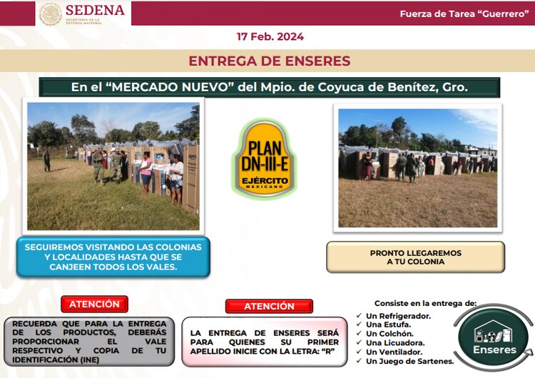 Puntos de entrega de enseres en el "Mercado Nuevo", municipio de Coyuca de Benítez