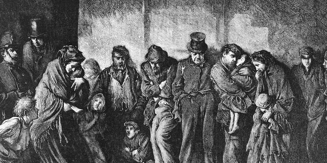 Luke Fildes, Sin casa y hambrientos, grabado a partir de Charles Dickens, 1869.