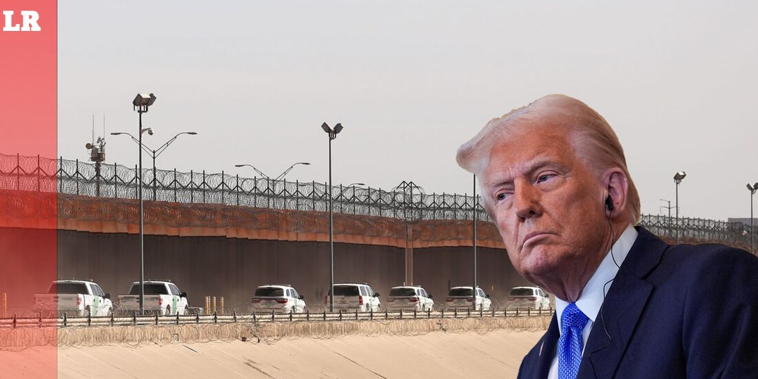 Donald Trump, presidente de Estados Unidos; al fondo, la frontera con México.