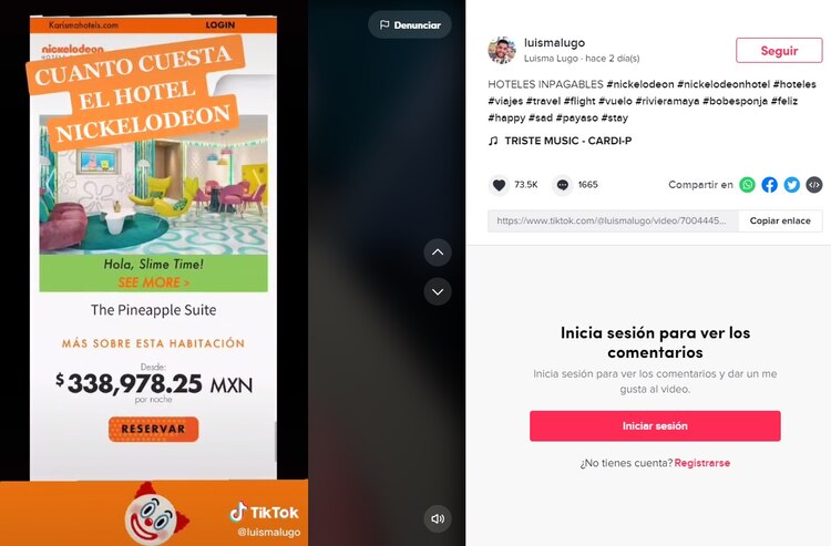 El usuario de TikTok mostró los resultados de su búsqueda en el sitio del hotel Nickelodeon