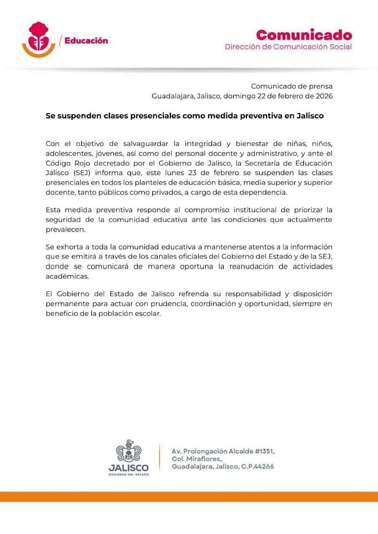 Comunicado de la SEJ sobre la suspensión de clases