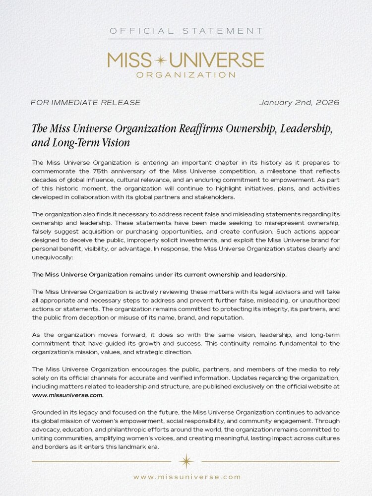 Comunicado de Miss Universe Organization.