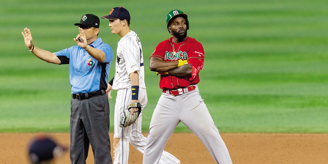 Randy Arozarena celebra una de sus llegadas a base en el pasado Clásico Mundial de Beisbol ante Japón.