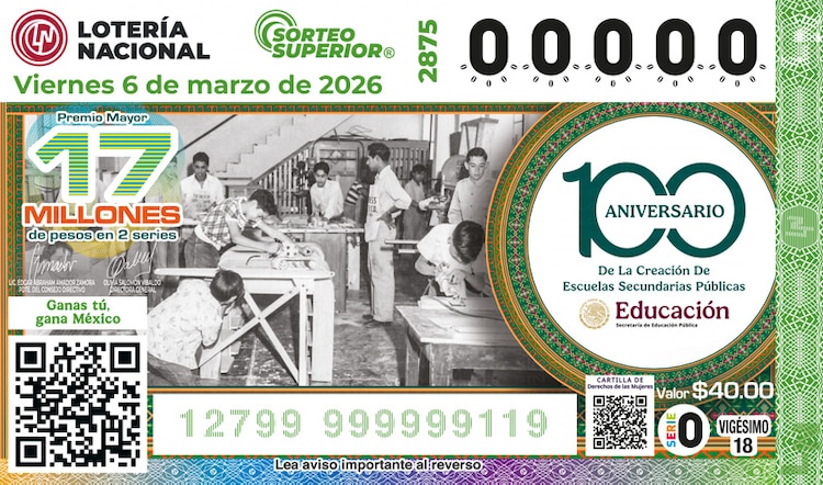 El billete del Sorteo Superior 2875 está dedicado al centenario de la creación de las escuelas secundarias públicas.