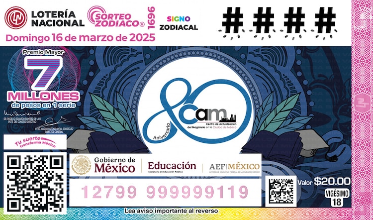 El Sorteo Zodiaco 1696 está dedicado al 80 aniversario Centro de Actualización del Magisterio de la Ciudad de México.