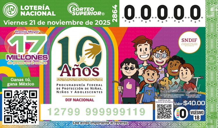 El billete del Sorteo Superior 2864 está dedicado al 10° aniversario de la Procuraduría de Protección a Niñas, Niños y Adolescentes del Sistema Nacional para el Desarrollo Integral de la Familia.