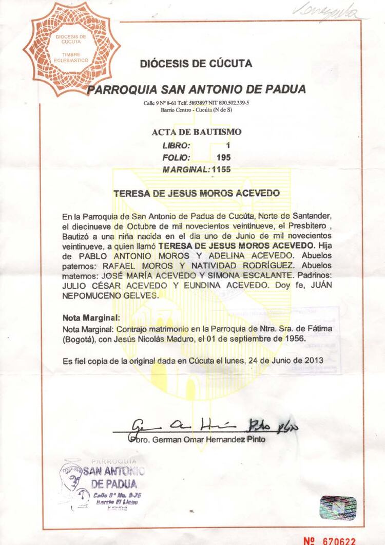 Documento que certificaría la nacionalidad colombiana de la madre de Nicolás Maduro.