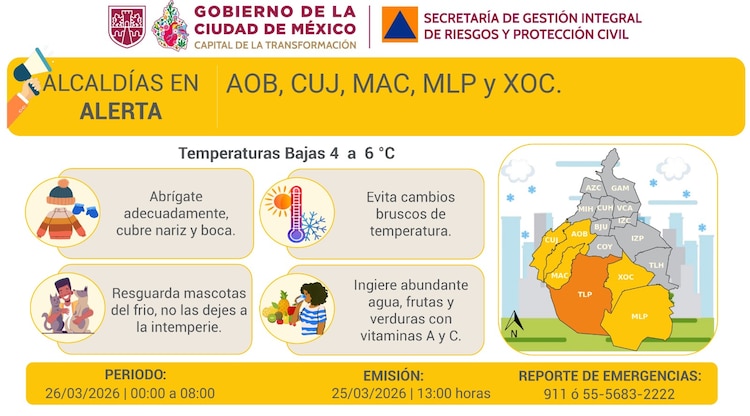 Alerta amarilla por bajas temperaturas en CDMX este 26 de marzo