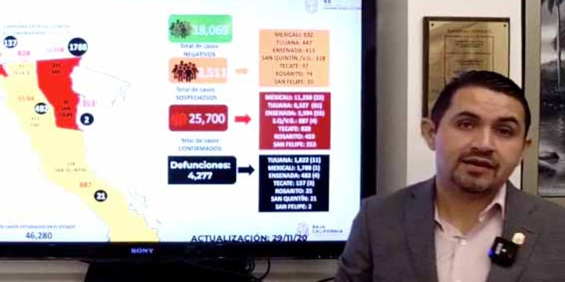 El secretario de Salud de Baja California, Alonso Pérez Rico, presenta actualización de casos de COVID en la entidad.