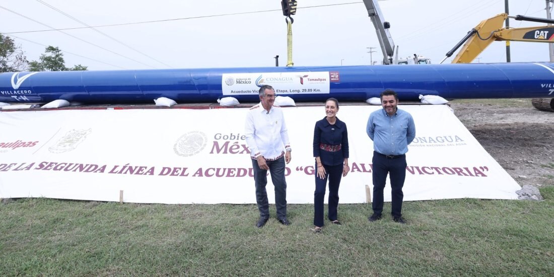 Claudia Sheinbaum supervisa construcción del nuevo acueducto de Ciudad Victoria.