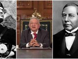 A la izquierda, Benito Mussolini; el centro, Andrés Manuel López Obrador; a la derecha, Benito Juárez