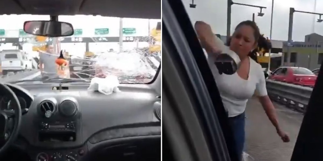 Pareja de presuntos "montachoques" destrozaron carrocería de vehículo en la caseta Ojo de Agua, en Tecámac, Edomex.