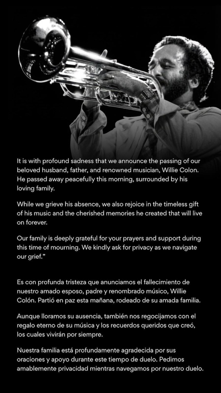 Comunicado de la muerte de Willie Colón