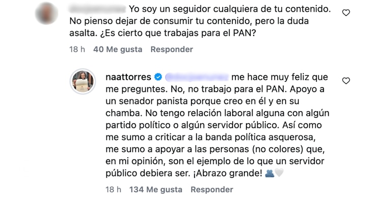 Natalia Torres reconoce que apoya a un senador del PAN