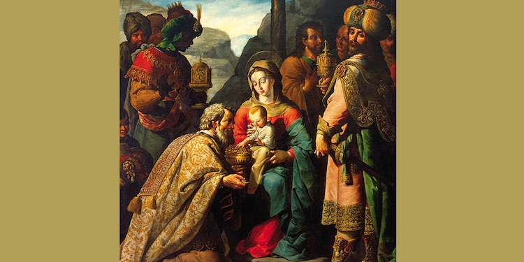 La epifanía
Autor: José Juárez
Año: ca. 1655
Elementos: en primer plano está la Virgen, quien lleva al Niño Jesús en su regazo. En el copón de Melchor que está en el suelo se encuentra la firma del artista. Además, Gaspar mira al espectador, interpelándolo.