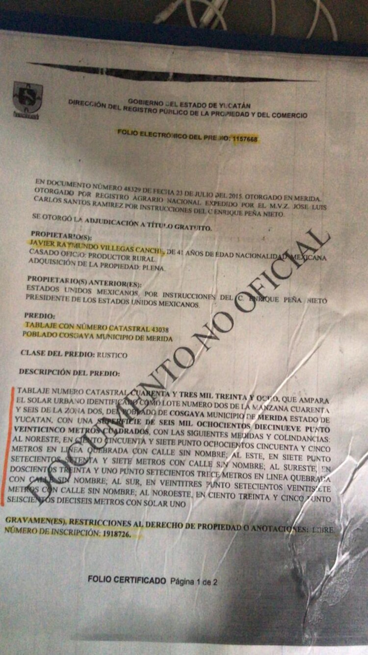 Documento del RPP que constata la adjudicación gratuita al cónyuge de la legisladora.
