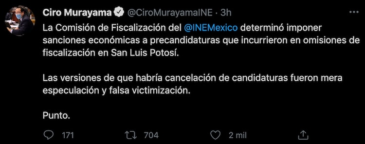 Mensaje publicado por Ciro Murayama en su cuenta de Twitter.
