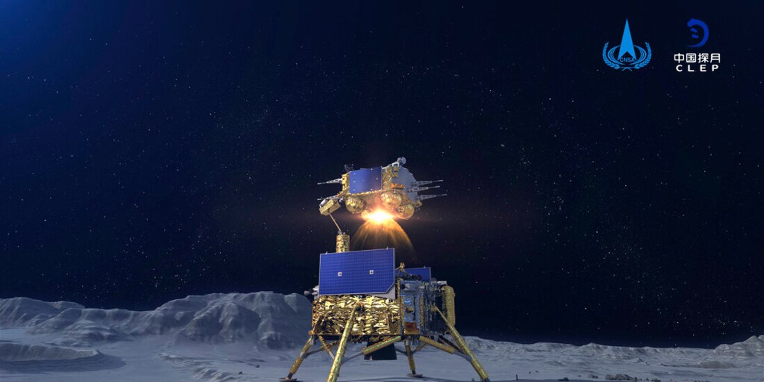 Imagen simulada que describe el despegue de la parte superior de la sonda Change’e de la superficie lunar.