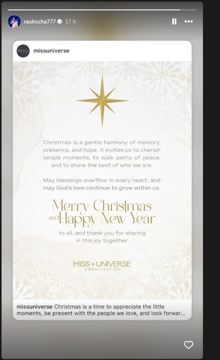 Mensaje navideño de Miss Universo, replicado por Raúl Rocha.