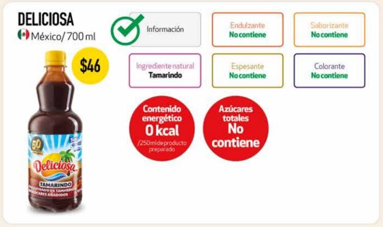 El concentrado Deliciosa, pero en su sabor tamarindo, fue otro de los concentrados de agua de sabor que no tiene azucares totales y calorías.