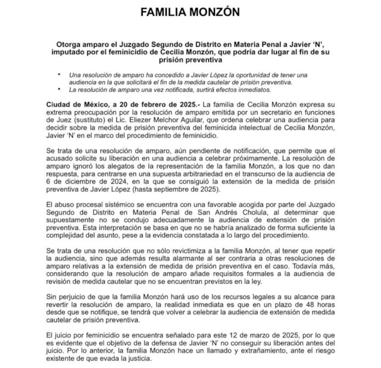 Comunicado de la familia de la activista.