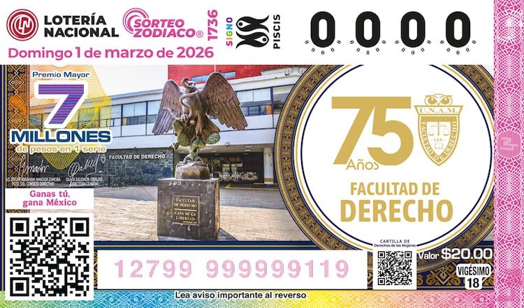 El Sorteo Zodiaco 1736 está dedicado al 75 aniversario de la Facultad de Derecho de la Universidad Nacional Autónoma de México.