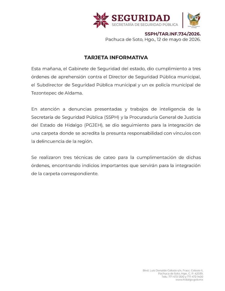Tarjeta informativa de la Secretaría de Seguridad Pública de Hidalgo