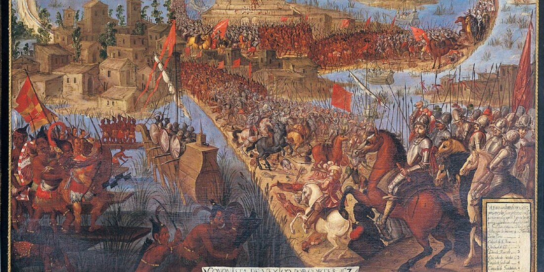 El lienzo "La conquista de Tenochtitlan".