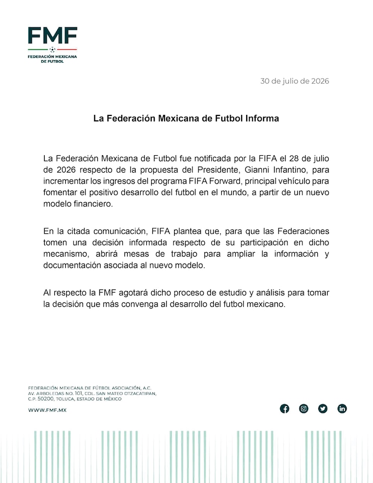 La FMF dijo en un comunicado que se
tomarán su tiempo para analizar la decisión que más convenga al
desarrollo del balompié. Canadá y EU reprobaron el acto de FIFA.