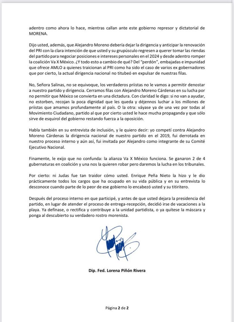 Misiva de la diputada priista, Lorena Piñón Rivera