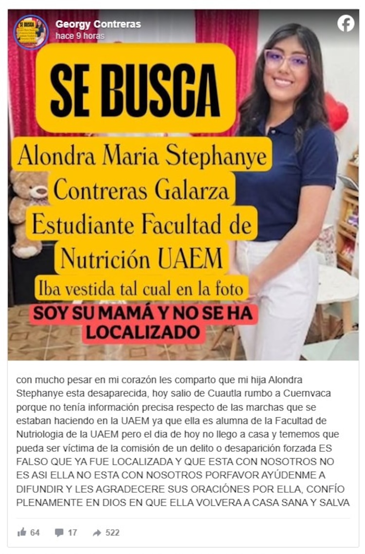 Supuesta familiar de Stephanye publica mensaje donde denuncia desaparición.