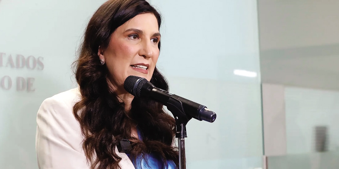 La legisladora Kenia López Rabadán, presidenta de la Cámara de Diputados, ayer, en conferencia de prensa.
