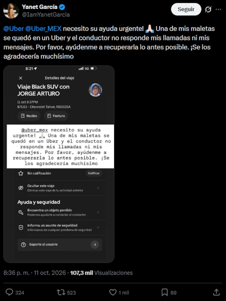 Yanet García reporta robo de maleta en viaje en Uber