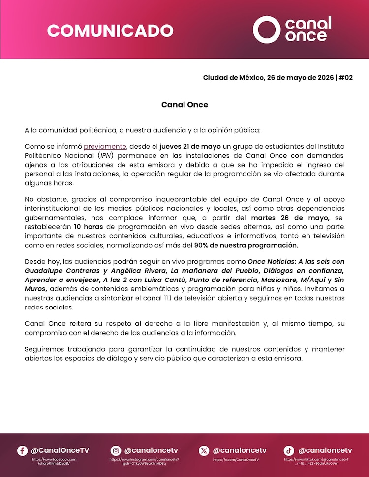 Comunicado de Canal Once, donde anuncia el restablecimiento de parte de su programación.