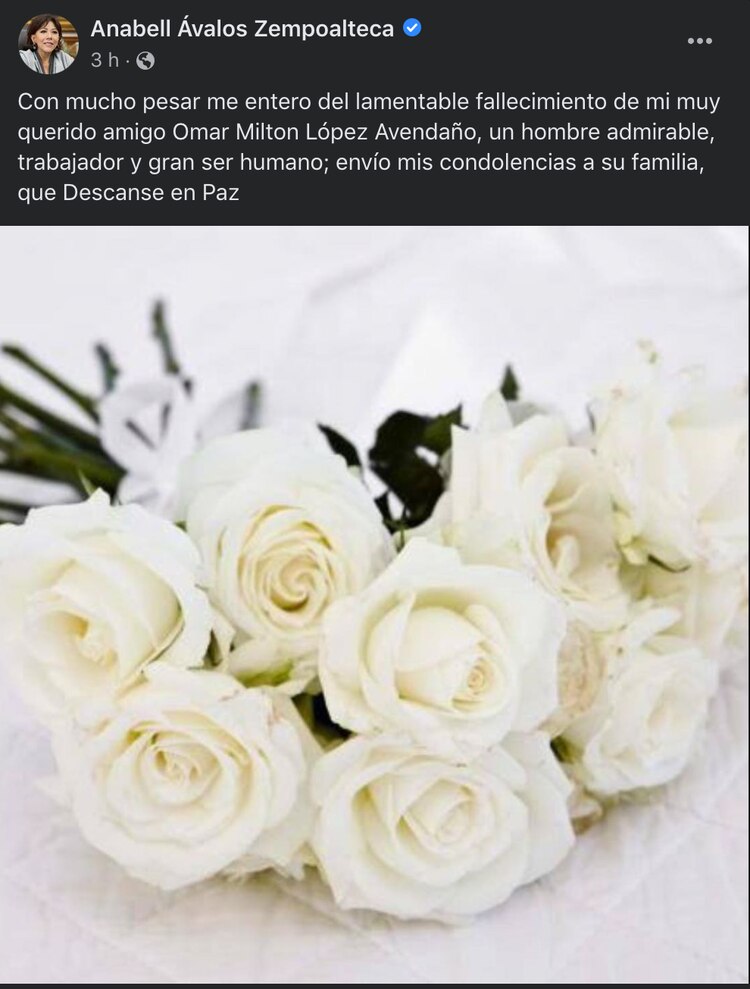 Mensaje publicado en la cuenta de Facebook de Anabell Ávalos.