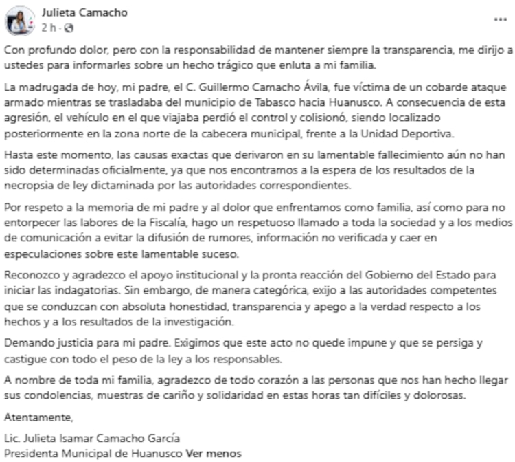 Comunicado de la alcaldesa Julieta Camacho