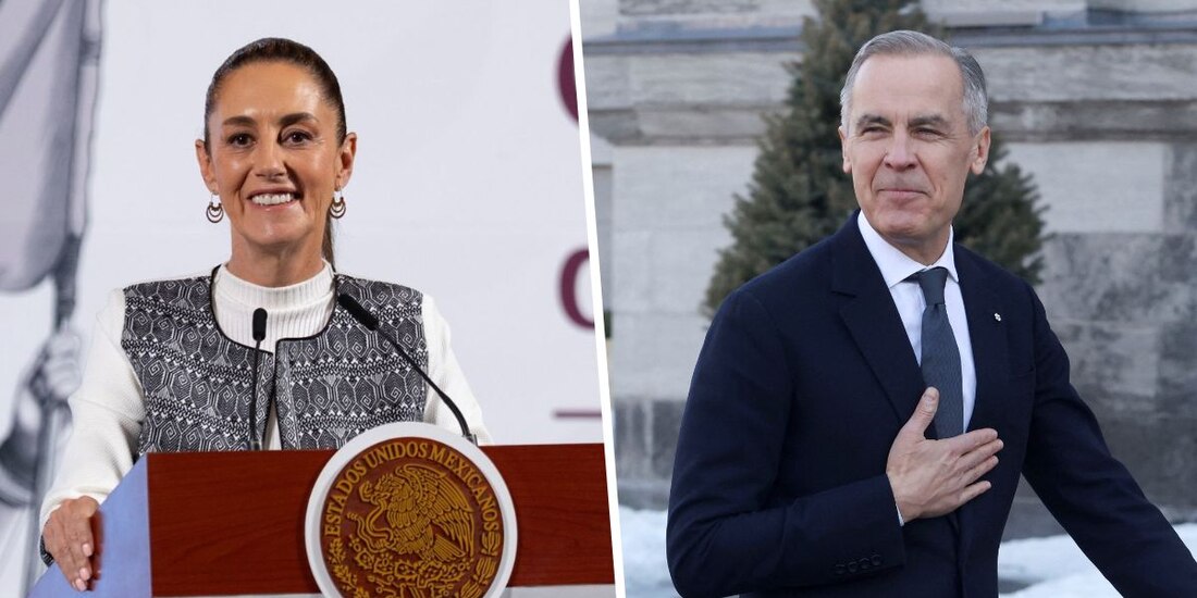 La presidenta Claudia Sheinbaum habla con el primer ministro canadiense Mark Carney.