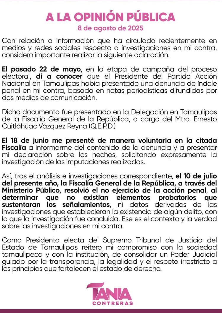 ‘No se encontraron pruebas en mi contra’, dice Tania Contreras.