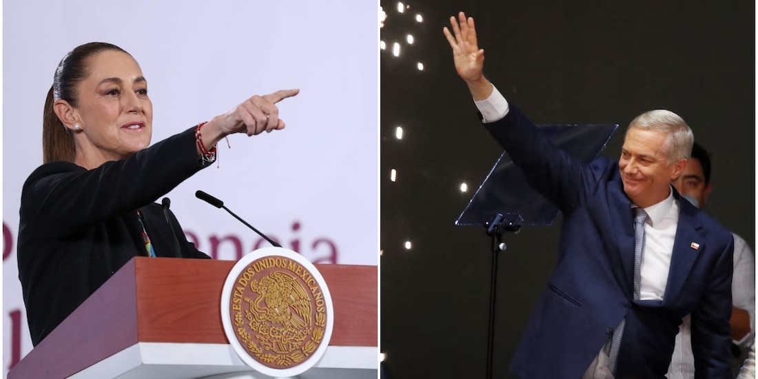 A la izquierda, la Presidenta Claudia Sheinbaum; a la derecha, el presidente electo de Chile, José Antonio Kast.