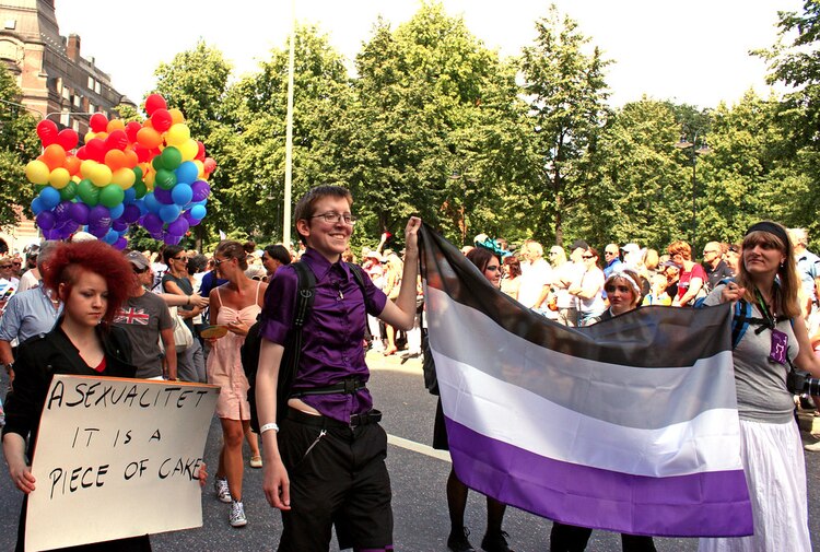 Manifestantes portan una bandera del colectivo asexual, en Estocolmo, Suecia.