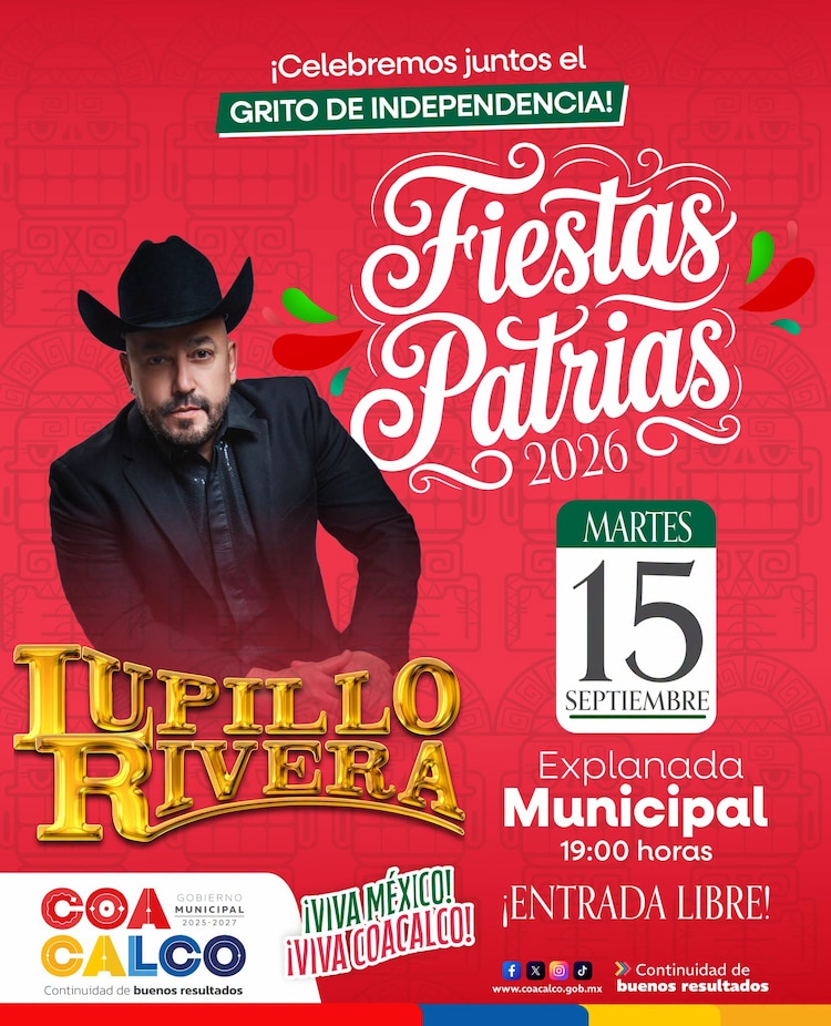 Lupillo Rivera encabezará una velada patria inolvidable llena de música ranchera y banda en el Palacio Municipal de Coacalco.