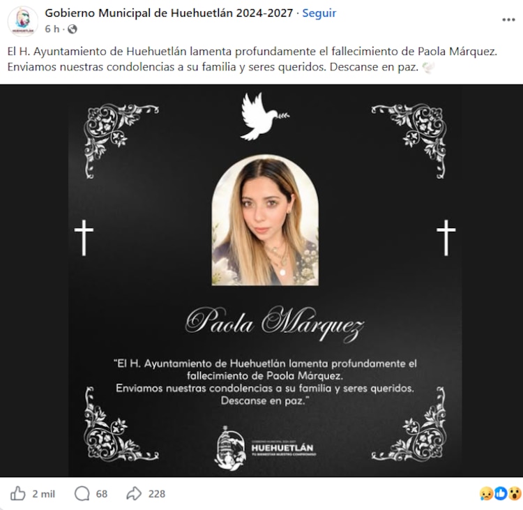 El H. Ayuntamiento de Huehuetlán lamenta el fallecimiento de la influencer Paola Márquez