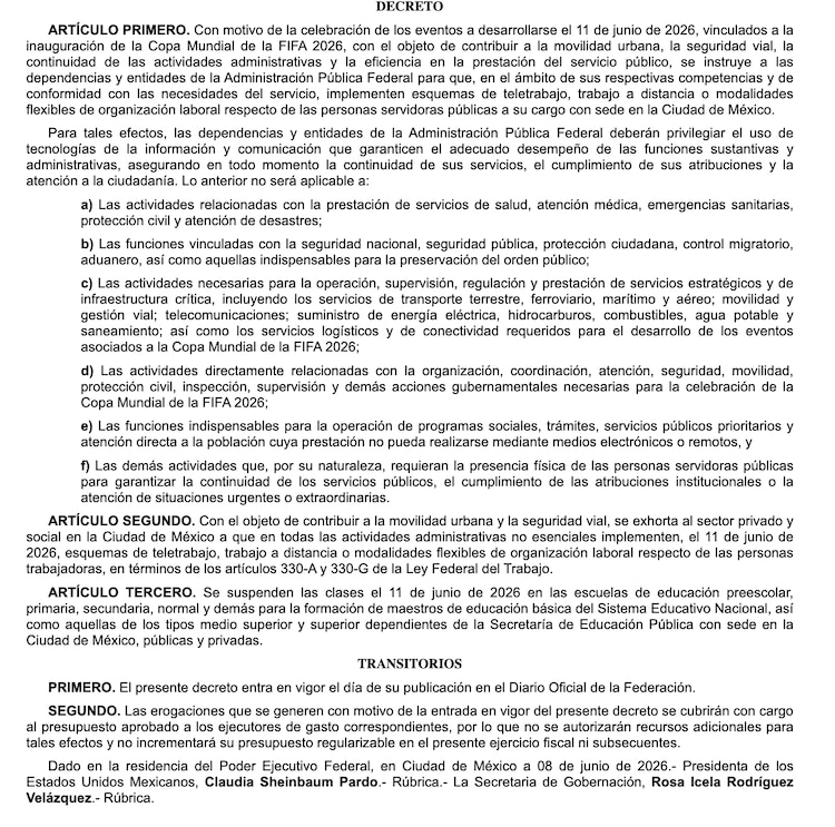 Decreto DOF sobre la suspensión de labores y clases del 11 de junio del 2026