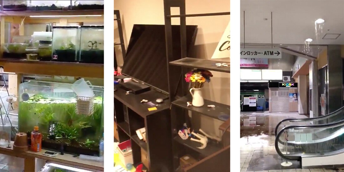 Capturas de pantalla de distintos videos del sismo de 7.1 grados en Fukushima, Japón.