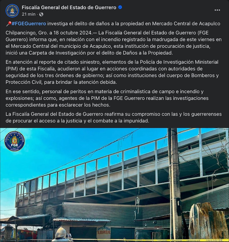 Comunicado de la Fiscalía de Guerrero sobre el incendio en el Mercado Central de Acapulco