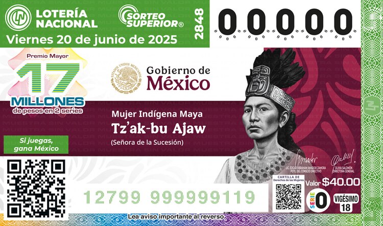 El billete del Sorteo Superior 2848 está dedicado a la mujer indígena maya Tz’ak-Bu Ajaw o La Reina Roja.