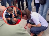 Sheinbaum auxilia a mujer que se desvaneció durante su Segundo Informe en San Luis Potosí.