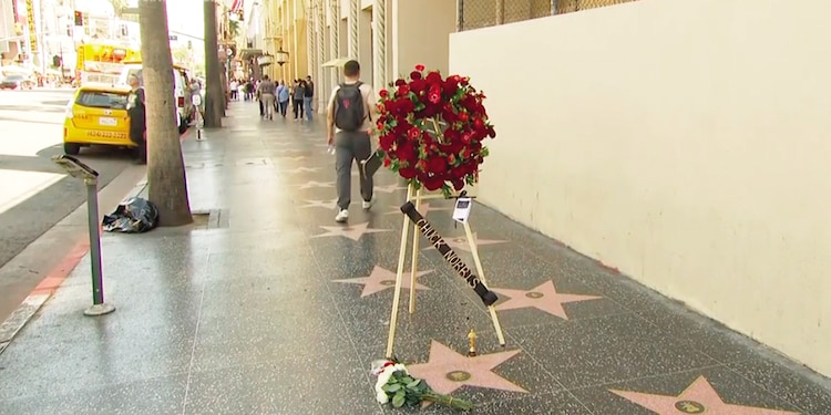 Fans del actor colocaron flores en la Estrella del Paseo de la Fama de Chuck Norris, en Hollywood, Los Ángeles, EU.