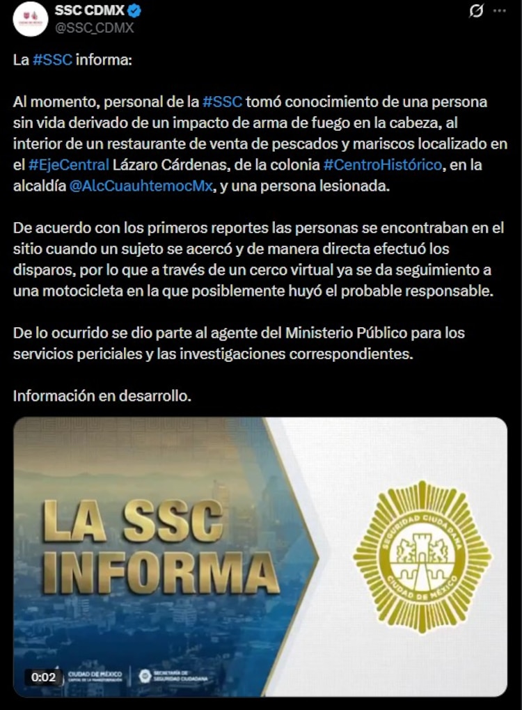 Matan a balazos a una persona en restaurante de mariscos en el Centro Histórico.